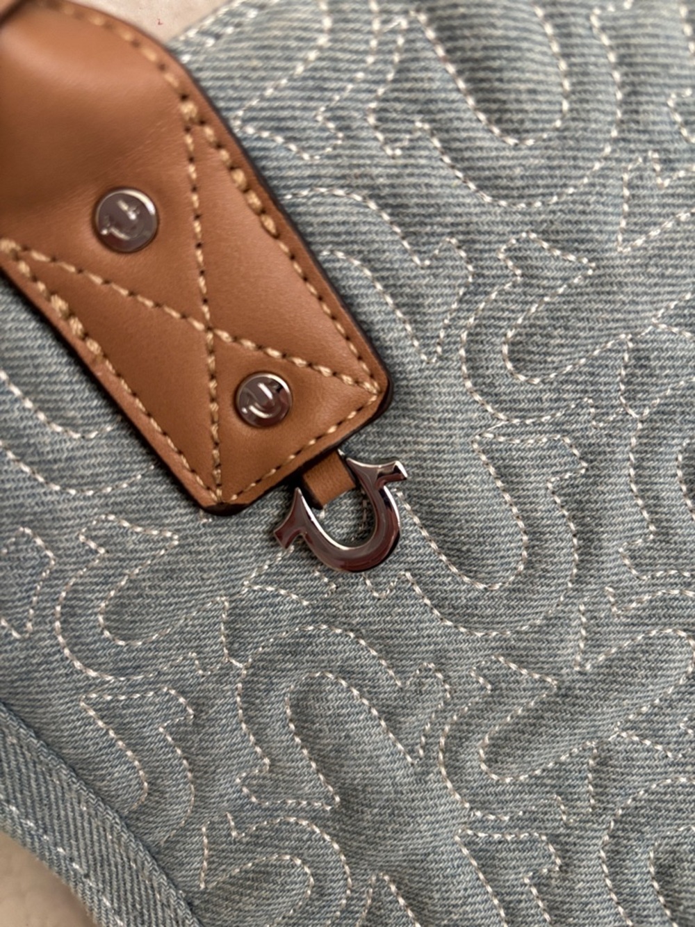 True Religion Light Blue Quilted Tote Bag with Tan Trim - Picture 11 of 11